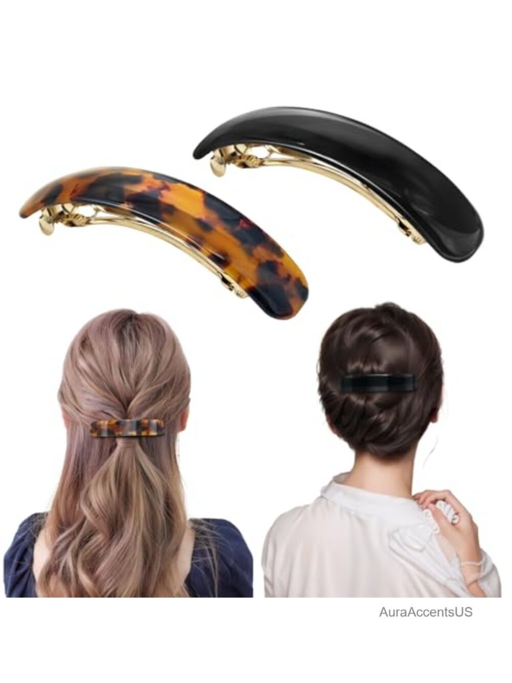 French Oval Barrette Hair Clips for Women 2-Pack Vintage Tortoise Style